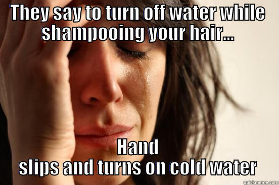 THEY SAY TO TURN OFF WATER WHILE SHAMPOOING YOUR HAIR... HAND SLIPS AND TURNS ON COLD WATER First World Problems