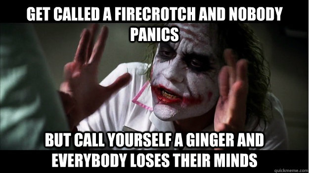 get called a firecrotch and nobody panics but call yourself a ginger and EVERYBODY LOSES THeir minds  Joker Mind Loss