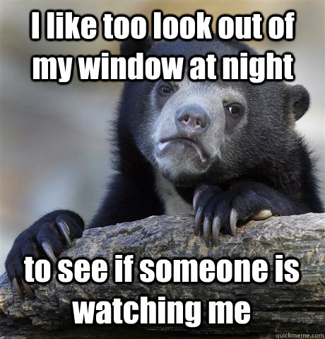 I like too look out of my window at night to see if someone is watching me  Confession Bear