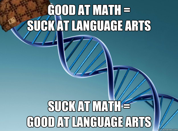 good at math =
suck at language arts suck at math =
good at language arts  Scumbag Genetics