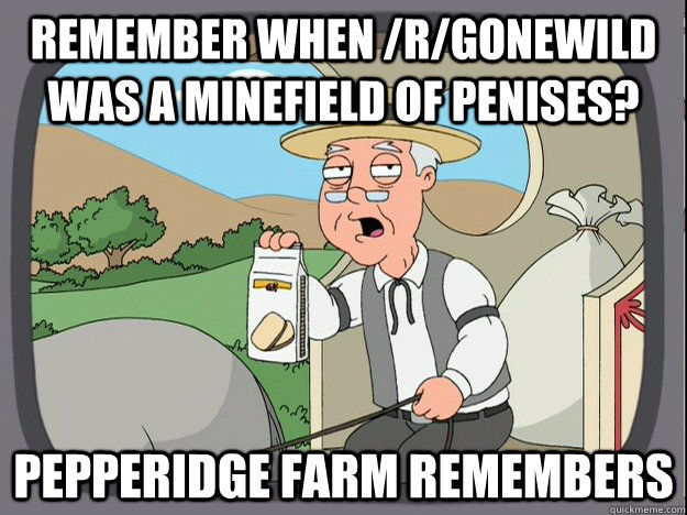 remember when /r/gonewild was a minefield of penises? Pepperidge farm remembers  Pepperidge Farm Remembers