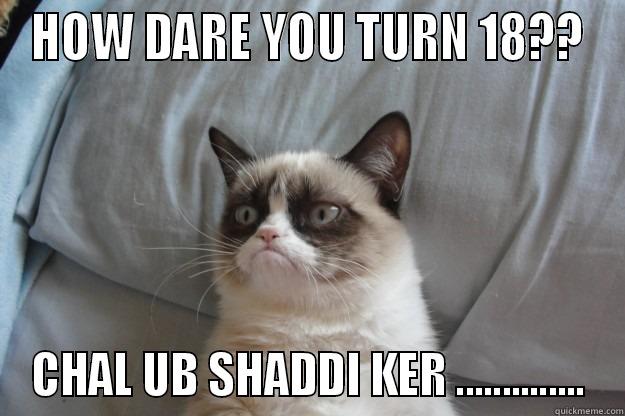 HOW DARE YOU TURN 18?? CHAL UB SHADDI KER .............. Grumpy Cat