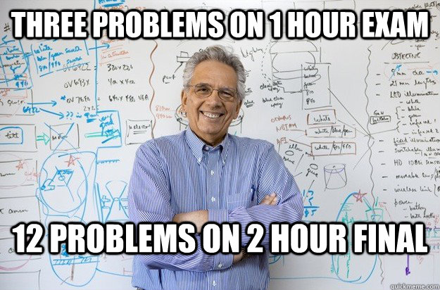 three problems on 1 hour exam 12 problems on 2 hour final  Engineering Professor