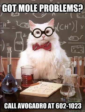 got mole problems? call Avogadro at 602-1023  Chemistry Cat