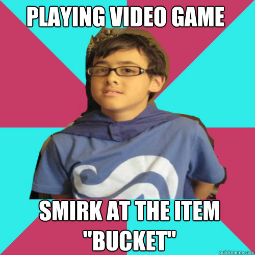 playing video game smirk at the item 