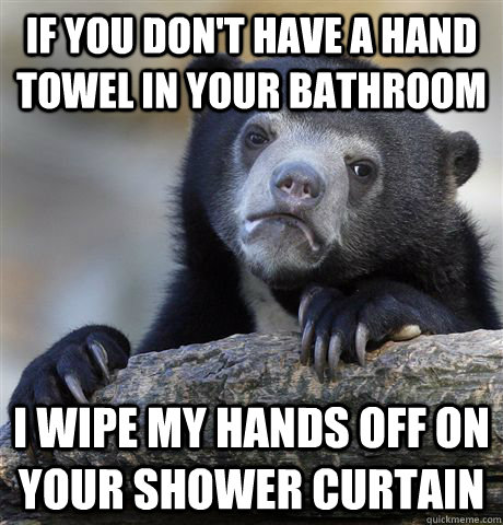 If you don't have a hand towel in your bathroom I wipe my hands off on your shower curtain  Confession Bear