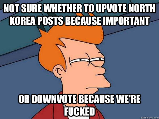 Not sure whether to upvote North Korea posts because important Or downvote because we're fucked - Not sure whether to upvote North Korea posts because important Or downvote because we're fucked  Futurama Fry