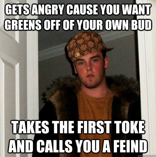 gets angry cause you want greens off of your own bud takes the first toke and calls you a feind  Scumbag Steve