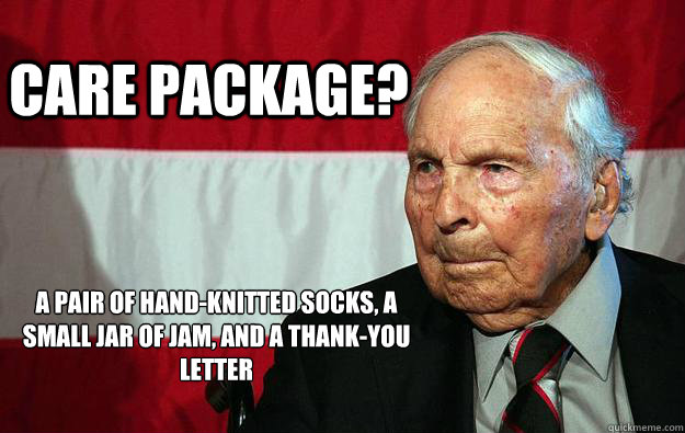 Care package? A pair of hand-knitted socks, a small jar of jam, and a thank-you letter

  Battlefield Grandpa