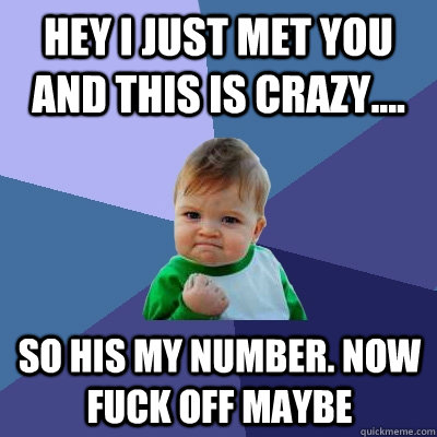 hey I just met you and this is crazy.... so his my number. now fuck off maybe   Success Kid