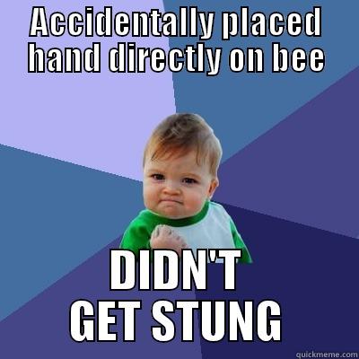 NO STING TO WORRY ABOUT - ACCIDENTALLY PLACED HAND DIRECTLY ON BEE DIDN'T GET STUNG Success Kid