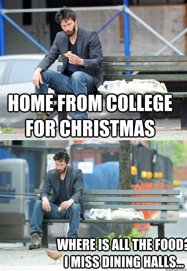 Home from college for Christmas Where is all the food? I miss dining halls...  Sad Keanu