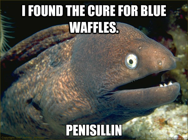 I found the cure for blue waffles. Penisillin - I found the cure for blue waffles. Penisillin  Bad Joke Eel