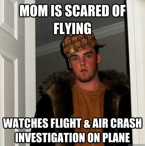 mom is scared of flying watches flight & air crash investigation on plane  Scumbag Steve