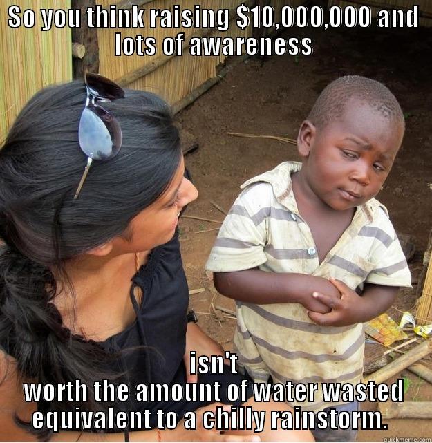 Nothing catchy - SO YOU THINK RAISING $10,000,000 AND LOTS OF AWARENESS ISN'T WORTH THE AMOUNT OF WATER WASTED EQUIVALENT TO A CHILLY RAINSTORM.   Skeptical Third World Kid