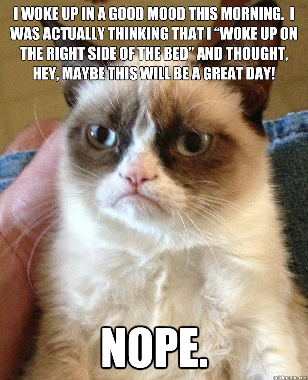 I woke up in a good mood this morning.  I was actually thinking that I “woke up on the right side of the bed” and thought, hey, maybe this will be a great day!
 Nope.
 - I woke up in a good mood this morning.  I was actually thinking that I “woke up on the right side of the bed” and thought, hey, maybe this will be a great day!
 Nope.
  Misc