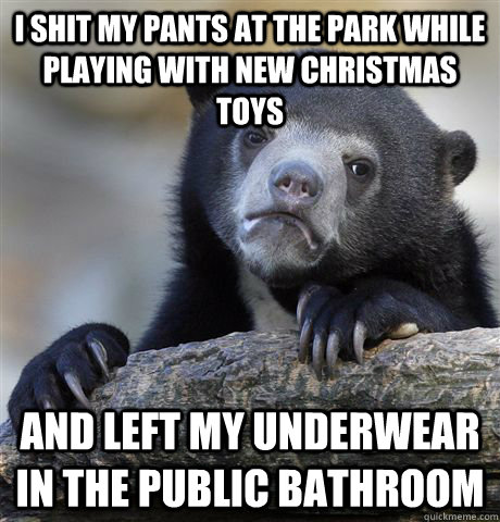 I shit my pants at the park while playing with new christmas toys and left my underwear in the public bathroom  Confession Bear