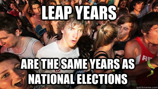 Leap years Are the same years as national elections  Sudden Clarity Clarence