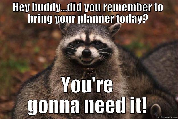 In the zone! - HEY BUDDY...DID YOU REMEMBER TO BRING YOUR PLANNER TODAY? YOU'RE GONNA NEED IT! Evil Plotting Raccoon