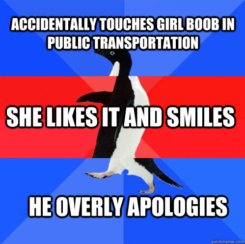 Accidentally touches girl boob in public transportation She likes it and smiles He overly apologies  Socially Awkward Awesome Awkward Penguin