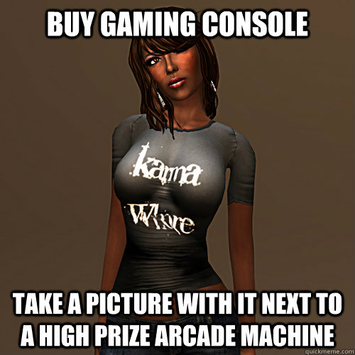 Buy gaming console take a picture with it next to a high prize arcade machine  Karma Whore