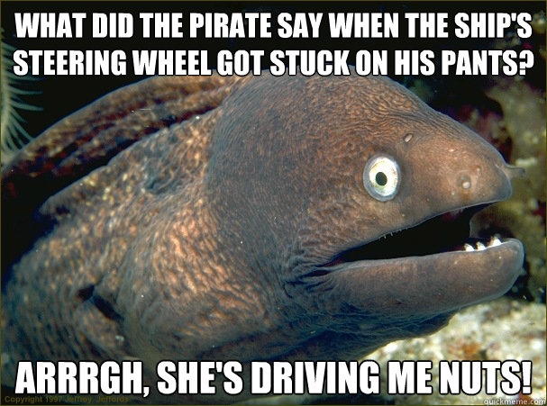 What did the pirate say when the ship's steering wheel got stuck on his pants? 
 
Arrrgh, she's driving ME nuts!
 - What did the pirate say when the ship's steering wheel got stuck on his pants? 
 
Arrrgh, she's driving ME nuts!
  Bad Joke Eel