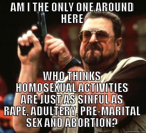 AM I THE ONLY ONE AROUND HERE WHO THINKS HOMOSEXUAL ACTIVITIES ARE JUST AS SINFUL AS RAPE, ADULTERY, PRE-MARITAL SEX AND ABORTION? Am I The Only One Around Here