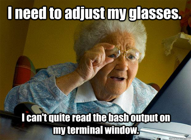 I need to adjust my glasses. I can't quite read the bash output on my terminal window.  Grandma finds the Internet