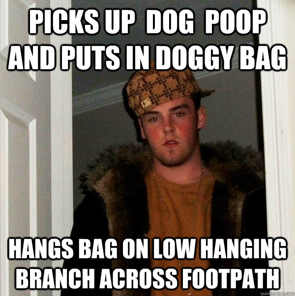 Picks up  dog  poop and puts in doggy bag hangs bag on low hanging branch across footpath - Picks up  dog  poop and puts in doggy bag hangs bag on low hanging branch across footpath  Scumbag Steve