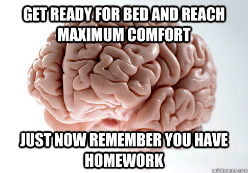 Get ready for bed and reach maximum comfort Just now remember you have homework  Scumbag Brain