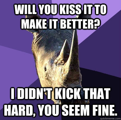 Will you kiss it to make it better? I didn't kick that hard, you seem fine.  Sexually Oblivious Rhino