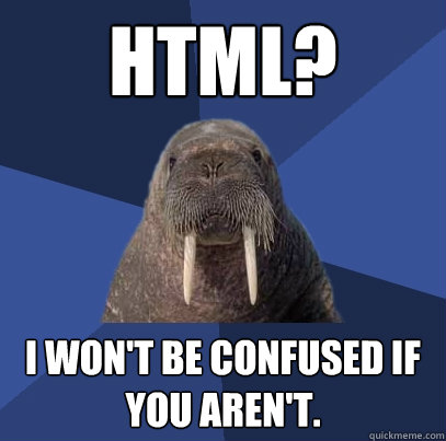 HTML?  I won't be confused if you aren't.   Web Developer Walrus