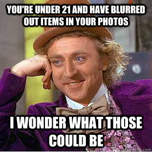 You're under 21 and have blurred out items in your photos I wonder what those could be  Condescending Wonka