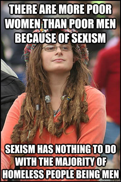 there are more poor women than poor men because of sexism sexism has nothing to do with the majority of homeless people being men  College Liberal