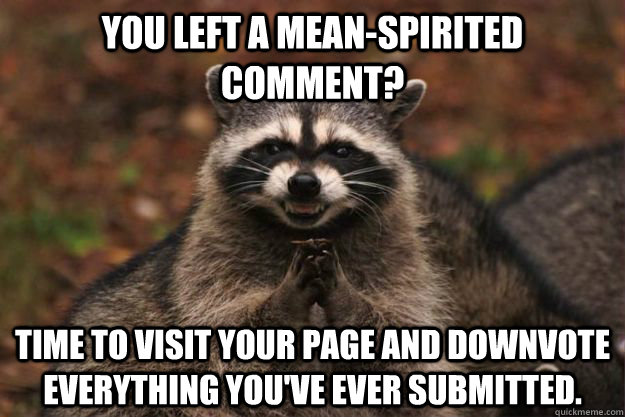 You left a mean-spirited comment? Time to visit your page and downvote everything you've ever submitted.  Evil Plotting Raccoon