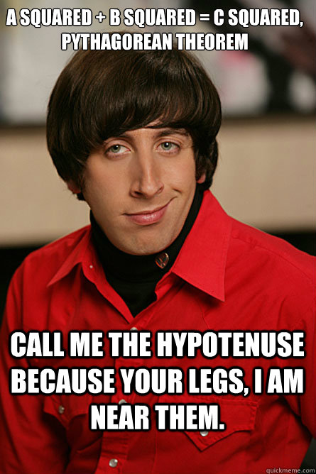 A Squared + B Squared = C Squared, pythagorean theorem Call me the hypotenuse because your legs, i am near them. - A Squared + B Squared = C Squared, pythagorean theorem Call me the hypotenuse because your legs, i am near them.  Pickup Line Scientist