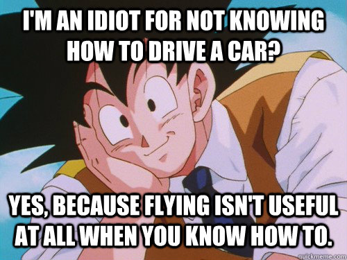 I'm an idiot for not knowing how to drive a car? Yes, because flying isn't useful at all when you know how to.  Condescending Goku