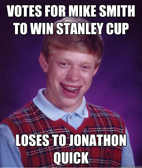 Votes For Mike Smith To Win Stanley Cup Loses To Jonathon Quick Caption 3 goes here  Bad Luck Brian