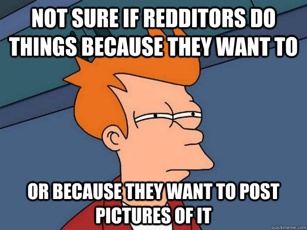 NOT sure if redditors do things because they want to Or because they want to post pictures of it  Futurama Fry