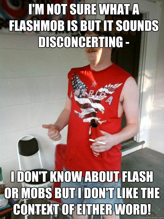 I'm not sure what a flashmob is but it sounds disconcerting -  I don't know about flash or mobs but I don't like the context of either word! - I'm not sure what a flashmob is but it sounds disconcerting -  I don't know about flash or mobs but I don't like the context of either word!  Redneck Randal