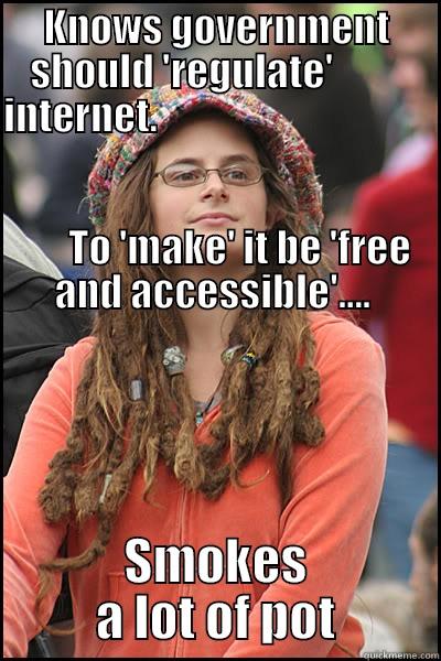 Net Nanny - KNOWS GOVERNMENT SHOULD 'REGULATE'          INTERNET.                                                                                                                                                          TO 'MAKE' IT BE 'FREE AND ACCESSIBLE'....  SMOKES A LOT OF POT College Liberal