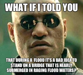 What if I told you That during a  flood it's a bad idea to stand on a bridge that is nearly submerged in raging flood waters? - What if I told you That during a  flood it's a bad idea to stand on a bridge that is nearly submerged in raging flood waters?  What if I told you