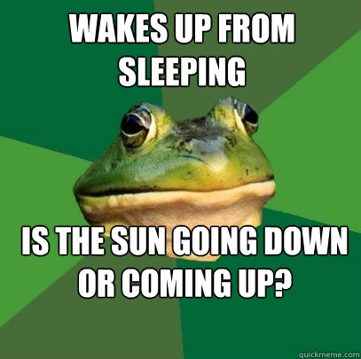 Wakes up from sleeping is the sun going down or coming up?  Foul Bachelor Frog