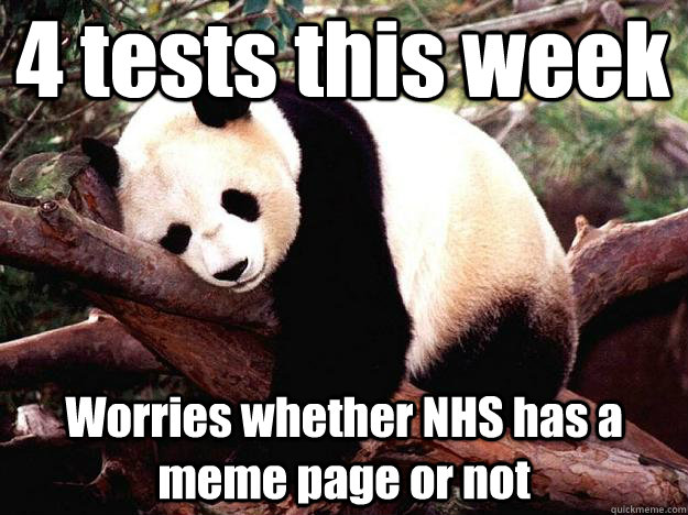 4 tests this week Worries whether NHS has a meme page or not  Procrastination Panda