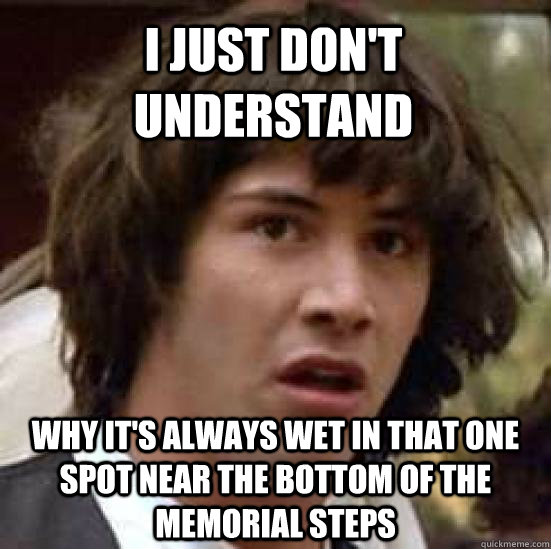 i just don't understand why it's always wet in that one spot near the bottom of the memorial steps  conspiracy keanu