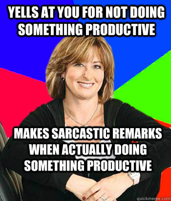 Yells at you for not doing something productive Makes sarcastic remarks when actually doing something productive  Sheltering Suburban Mom