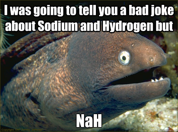 I was going to tell you a bad joke about Sodium and Hydrogen but NaH - I was going to tell you a bad joke about Sodium and Hydrogen but NaH  Bad Joke Eel