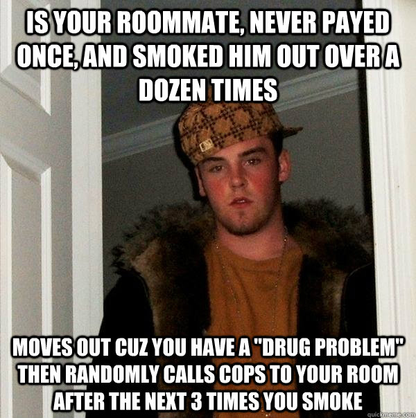 is your roommate, Never payed once, and smoked him out over a dozen times moves out cuz you have a 