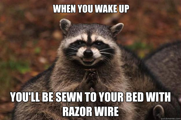 WHEN YOU WAKE UP YOU'LL BE SEWN TO YOUR BED WITH RAZOR WIRE - WHEN YOU WAKE UP YOU'LL BE SEWN TO YOUR BED WITH RAZOR WIRE  Evil Plotting Raccoon