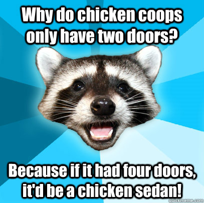 Why do chicken coops only have two doors? Because if it had four doors, it'd be a chicken sedan!  Lame Pun Coon